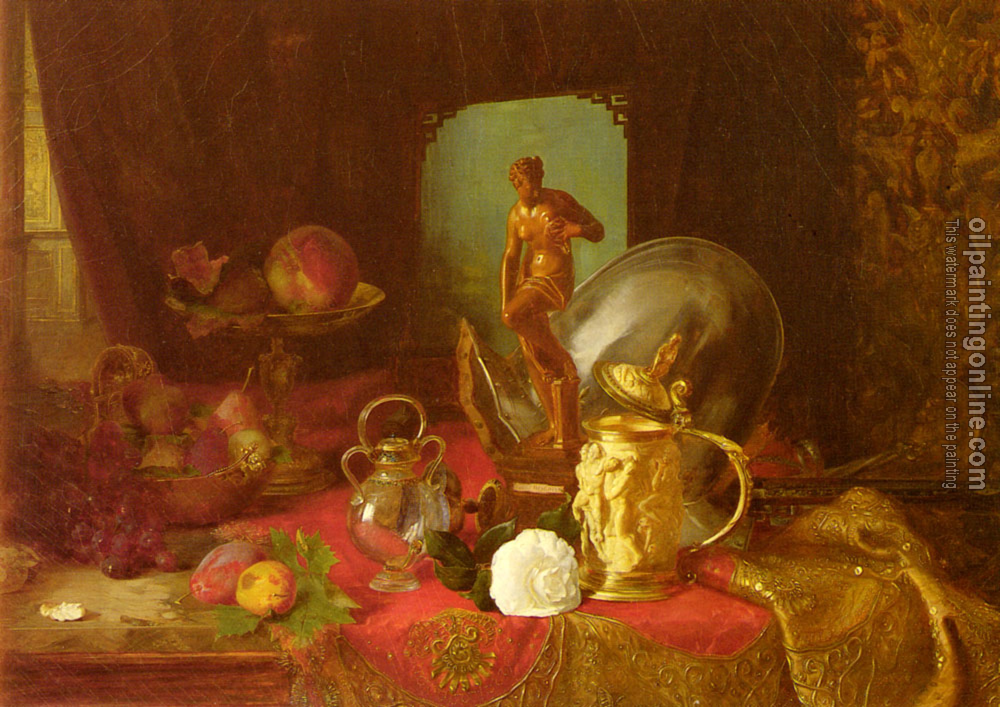 Desgoffe, Blaise Alexandre - Still Life with Fruit, Objets d'Art and a White Rose on a Ta